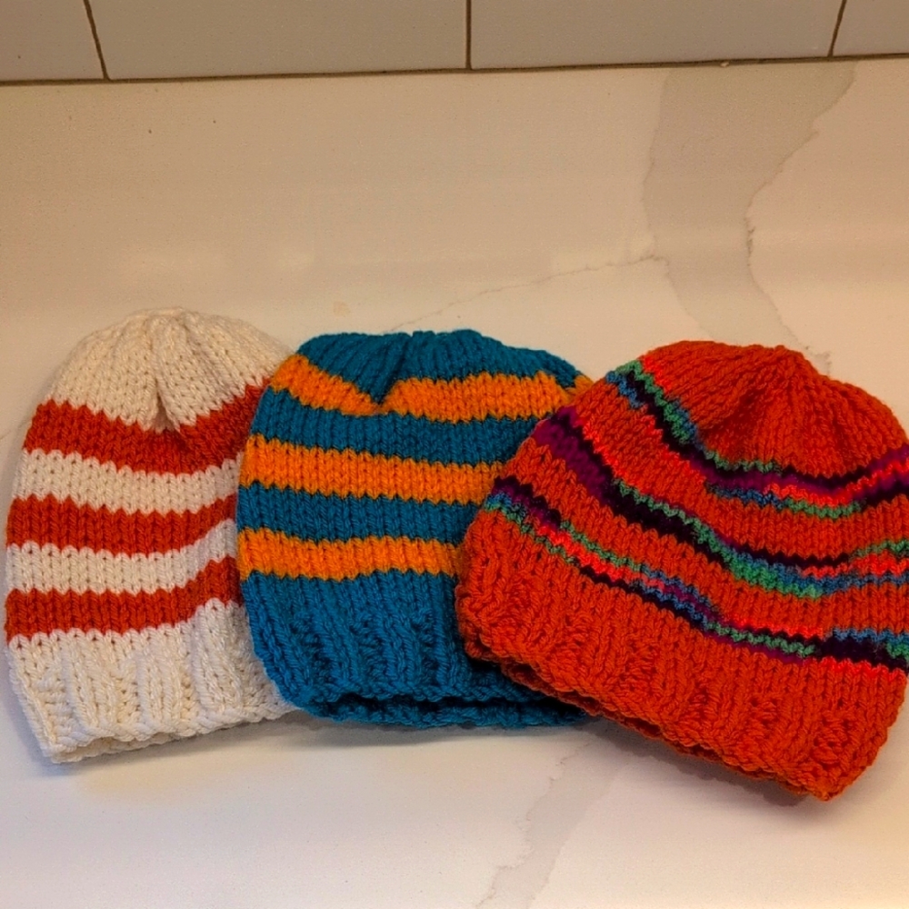 Cozy Handmade Knit Infant's Beanie Set Lot of 3 NWOT, Colorful Stripes Orange